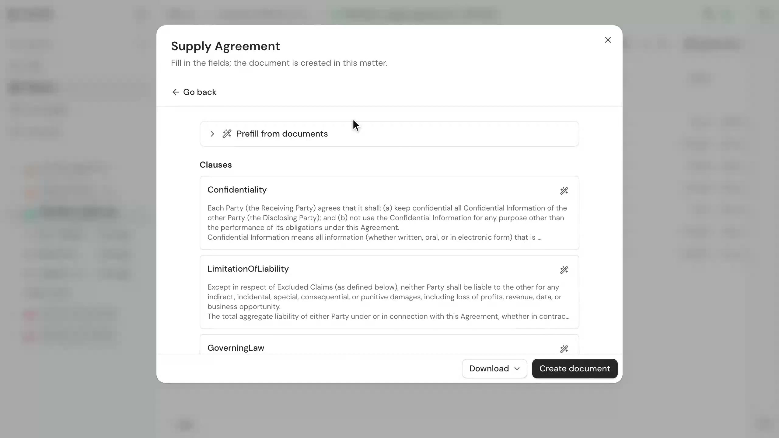 Filling a template from a matter's own documents with AI in stella