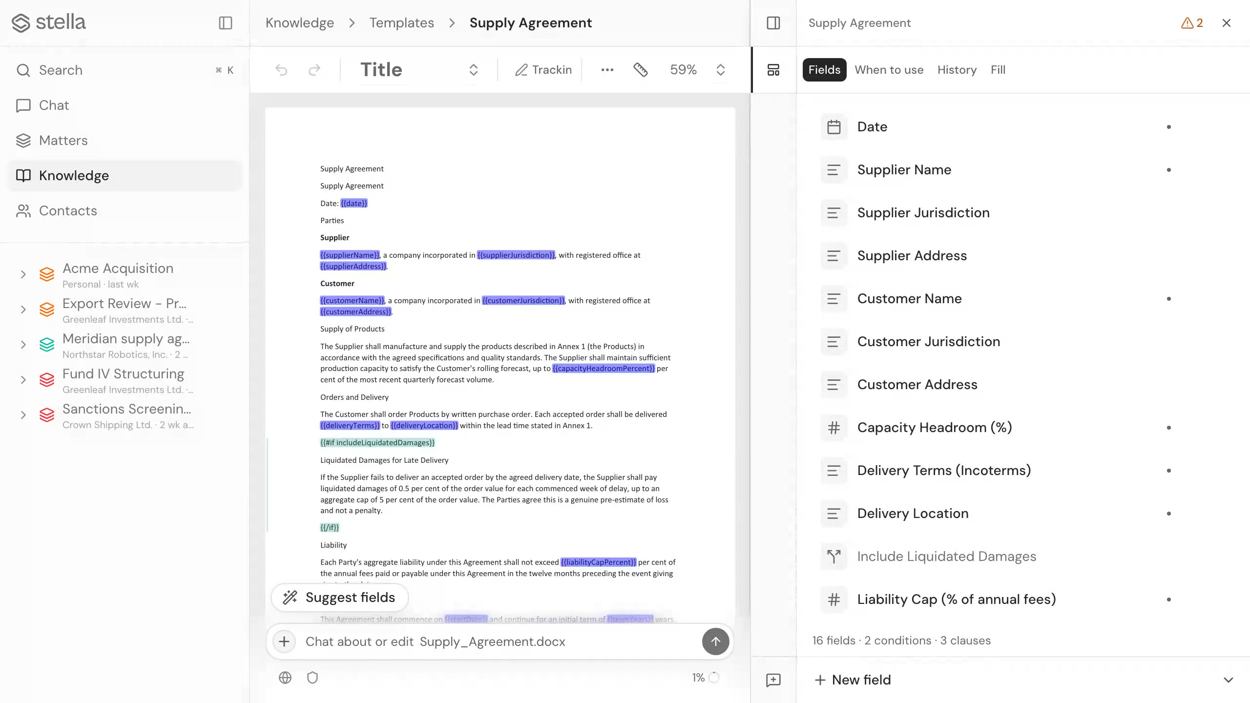 A template with fields and conditional clauses in the stella template studio